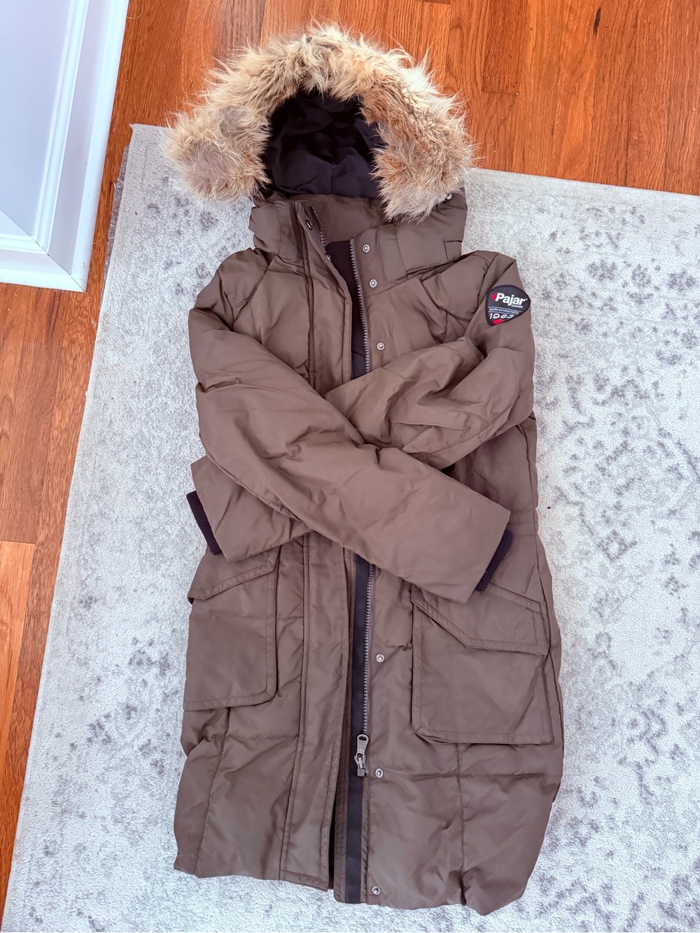 Pajar Women’s Dark olive green Quilted Puffer Coat with Faux Fur Trim Hood